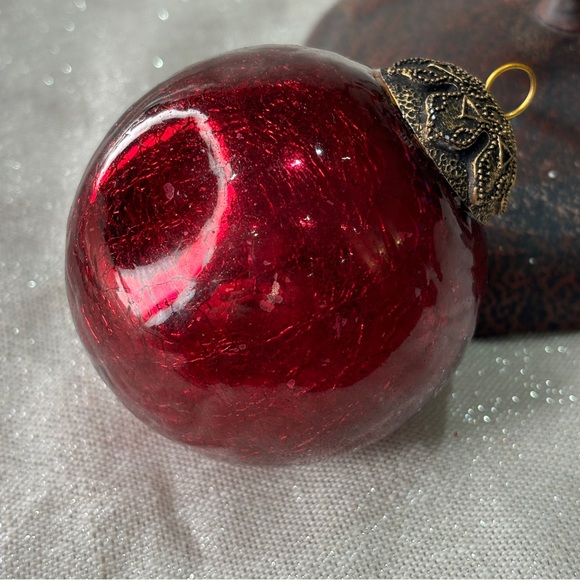 Vtg Heavy Mercury Crackle Glass Cranberry Christmas Ornament Mirrored KugelGlass - Picture 4 of 6